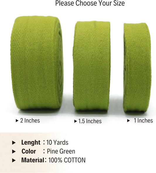Cotton Twill Tape 1" & 1.5" & 2" - 10 Yards - 50+ Colors -%100 Natural Cotton 1 Inch 1.5 Inch 2 Inch Herringbone Bias Binding Cotton Tape Trim for Sewing Wrapping Craft DIY (Pine Green) 10314