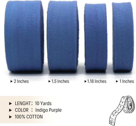 1'' & 1.18'' & 1.5'' Herringbone Cotton Twill Tape - 10 Yards - 50+ Colors - Natural Cotton Herringbone Bias Binding Trim for Sewing Wrapping Craft DIY 10262 (Indigo)