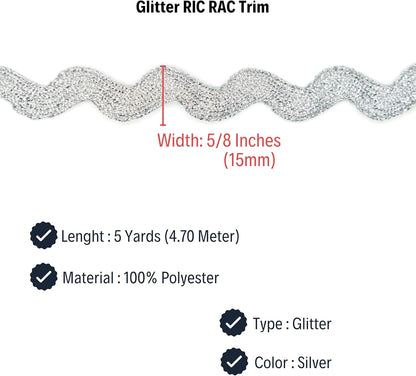 Glitter RIC Rac Trim - 5/8 Inch (15mm) - 5 Yards - Silver Wave Bending Fringe Trim Glitter Lace Ribbon RIC Rac Trim for Sewing Clothes Gift Wrapping Home Party Decoration GL0205