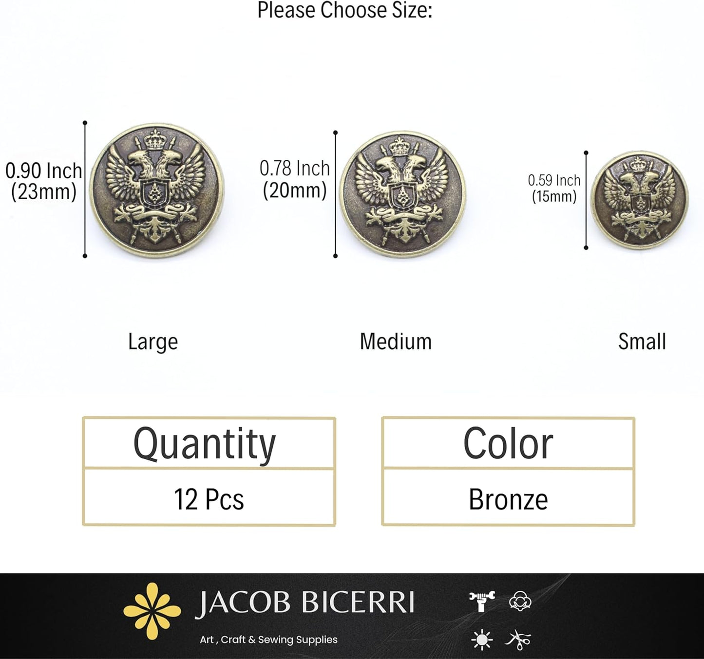 Bronze Metal Shank Buttons - 12 Pcs - 3 Size Options - Luxury Eagle Round Wave Metal Shank Buttons for Men Women Blazer Coat Uniform Shirt Suit and Jacket Sewing Craft DIY N14903