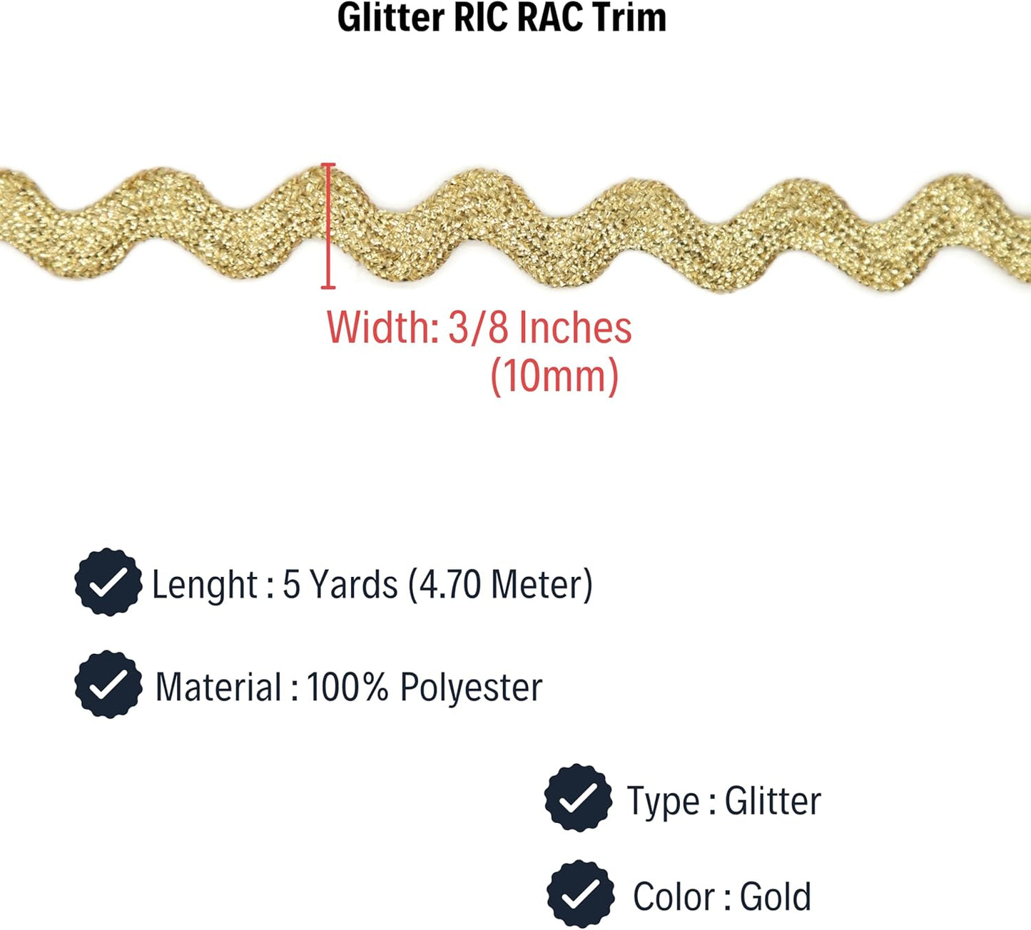 Glitter RIC Rac Trim - 3/8 Inch (10mm) - 5 Yards - Gold Wave Bending Fringe Trim Glitter Lace Ribbon RIC Rac Trim for Sewing Clothes Gift Wrapping Home Party Decoration GL0305
