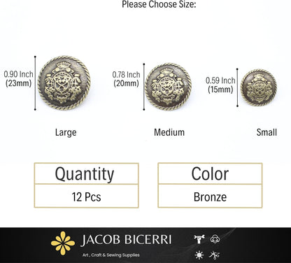 Crown Bronze Metal Shank Buttons - 12 Pcs - 3 Size Options - Luxury Royal Metal Shank Buttons for Men Women Blazer Coat Uniform Shirt Suit and Jacket Sewing Craft DIY N15003
