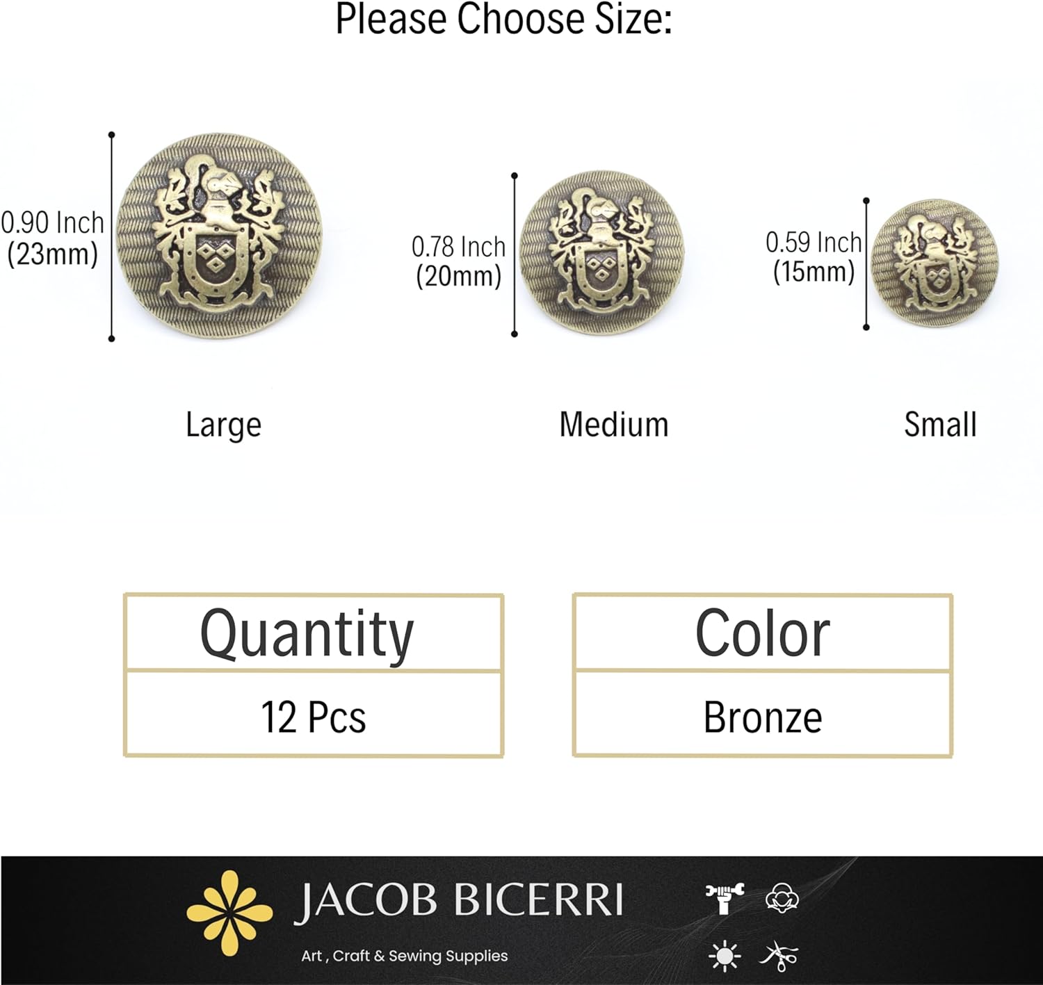 Bronze Metal Shank Buttons - 12 Pcs - 3 Size Options - The Knight of Kingdom Round Metal Shank Buttons for Men Women Blazer Coat Uniform Shirt Suit and Jacket Sewing Craft DIY N17603