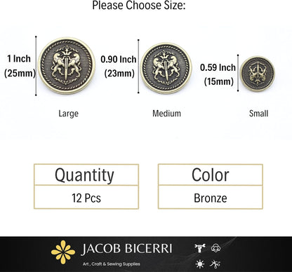 Twin Lion Bronze Metal Shank Buttons - 12 Pcs - 3 Size Options - Luxury Twin Lion Crown Kingdom Metal Shank Buttons for Men Women Blazer Coat Uniform Shirt Suit and Jacket Sewing Craft DIY N16903