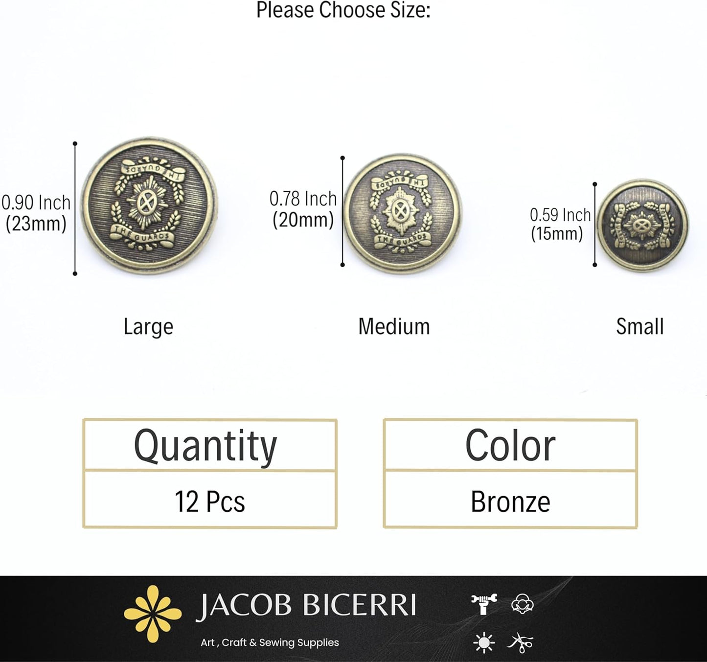 Bronze Metal Shank Buttons - 12 Pcs - 3 Size Options - The Guards of Kingdom Round Metal Shank Buttons for Men Women Blazer Coat Uniform Shirt Suit and Jacket Sewing Craft DIY N14803