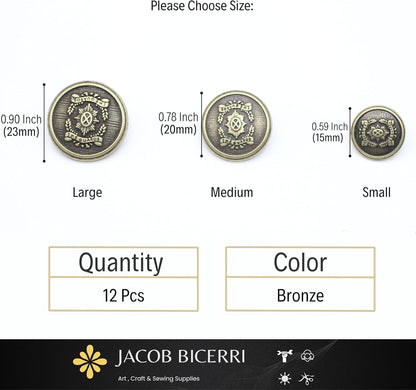 Bronze Metal Shank Buttons - 12 Pcs - 3 Size Options - The Guards of Kingdom Round Metal Shank Buttons for Men Women Blazer Coat Uniform Shirt Suit and Jacket Sewing Craft DIY N14803