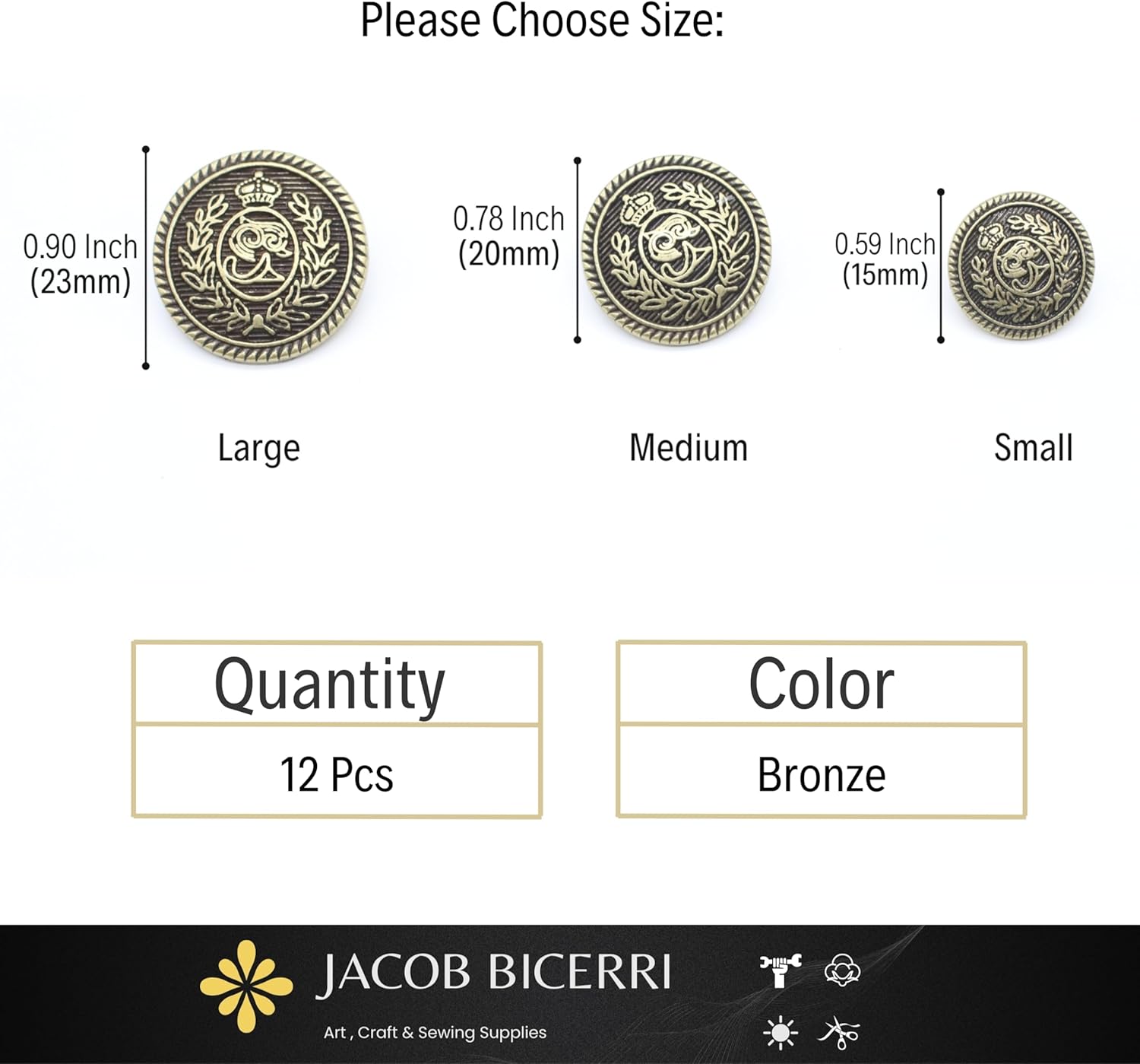 Bronze Metal Shank Buttons - 12 Pcs - 3 Size Options - The Crown of Kingdom Round Metal Shank Buttons for Men Women Blazer Coat Uniform Shirt Suit and Jacket Sewing Craft DIY N17503