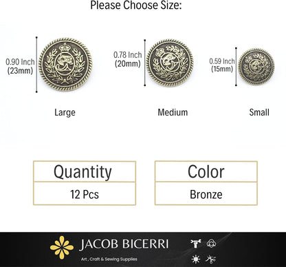 Bronze Metal Shank Buttons - 12 Pcs - 3 Size Options - The Crown of Kingdom Round Metal Shank Buttons for Men Women Blazer Coat Uniform Shirt Suit and Jacket Sewing Craft DIY N17503
