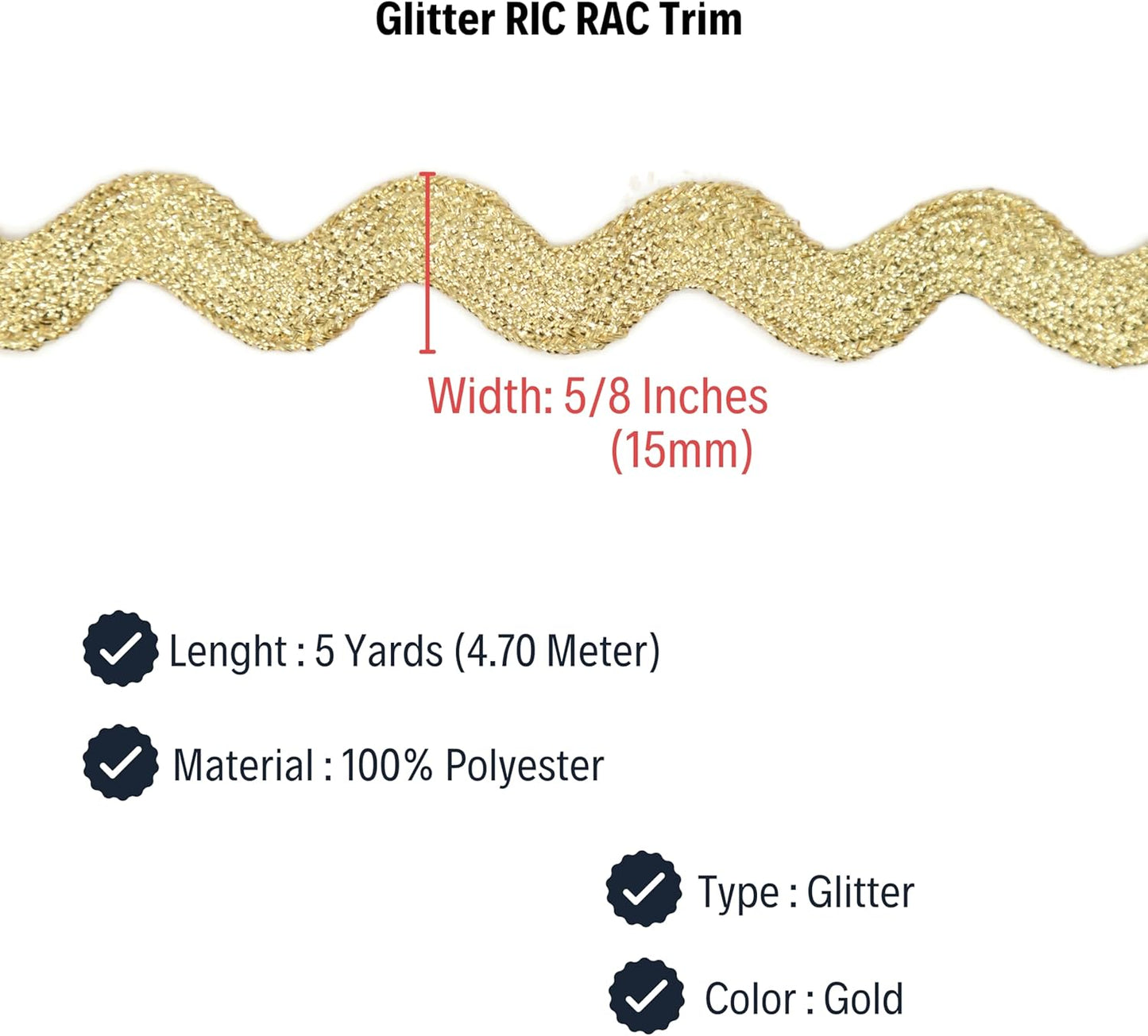 Glitter RIC Rac Trim - 5/8 Inch (15mm) - 5 Yards - Wave Bending Fringe Trim Glitter Lace Ribbon RIC Rac Trim for Sewing Clothes Gift Wrapping Home Party Decoration GL0105