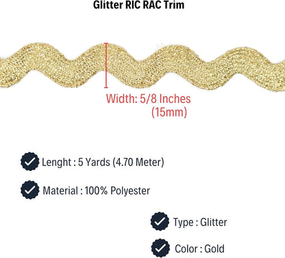 Glitter RIC Rac Trim - 5/8 Inch (15mm) - 5 Yards - Wave Bending Fringe Trim Glitter Lace Ribbon RIC Rac Trim for Sewing Clothes Gift Wrapping Home Party Decoration GL0105