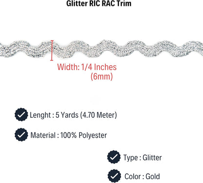 Glitter RIC Rac Trim - 1/4 Inch (6mm) - 5 Yards - Silver Wave Bending Fringe Trim Glitter Lace Ribbon RIC Rac Trim for Sewing Clothes Gift Wrapping Home Party Decoration GL0405