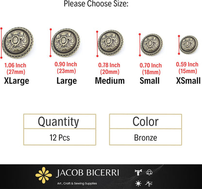 Bronze Metal Shank Buttons - 12 Pcs - 4 Size Options - Luxury Flat Round Wave Metal Shank Buttons for Men Women Blazer Coat Uniform Shirt Suit and Jacket Sewing Craft DIY N18105