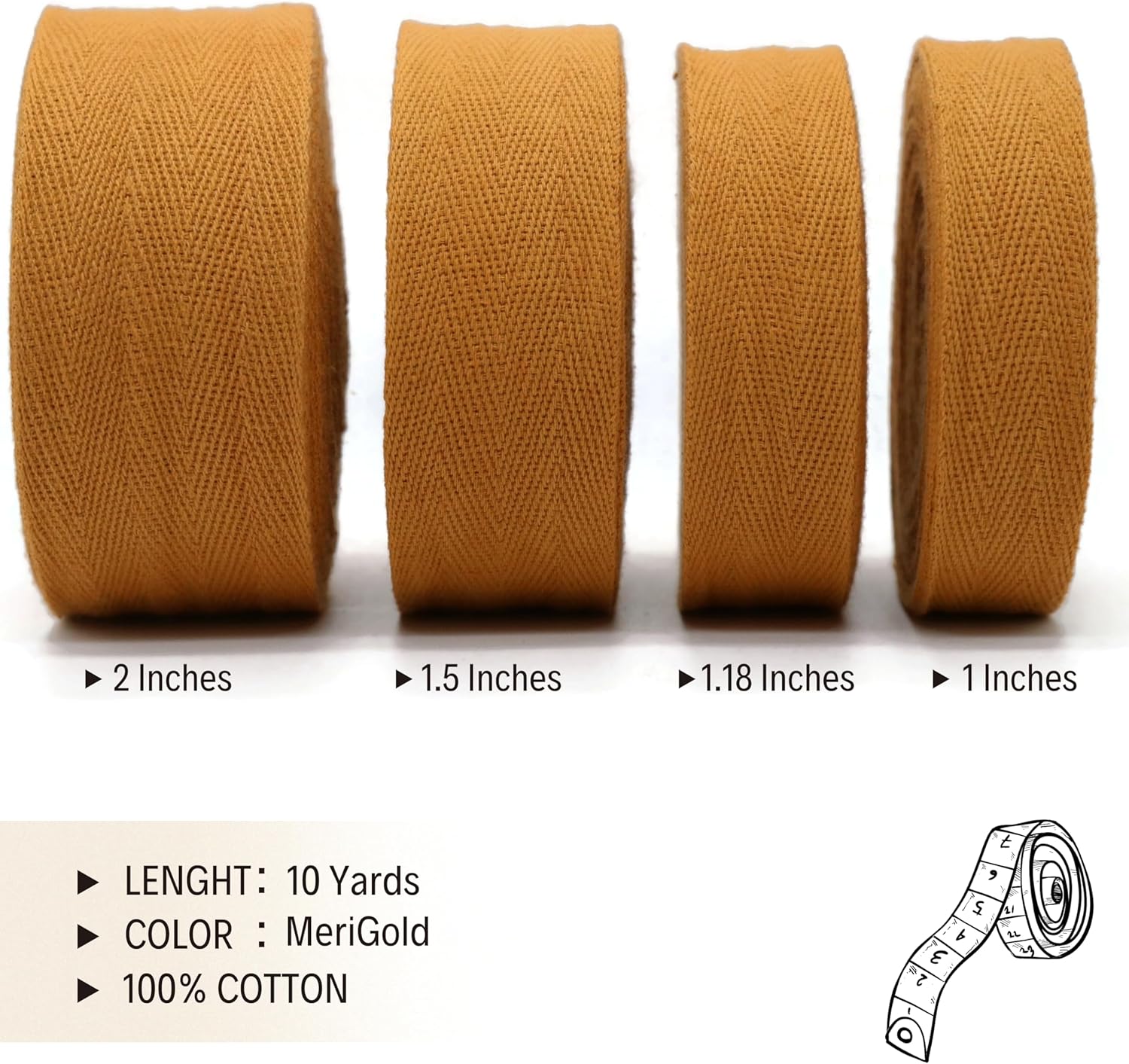 2" & 1.5" & 1.18' & 1" Cotton Herringbone Bias Binding Tape - 10 Yards - 50+ Colors - 100% Natural Cotton - Sewing, Wrapping, Craft, DIY - 10145 (MeriGold)